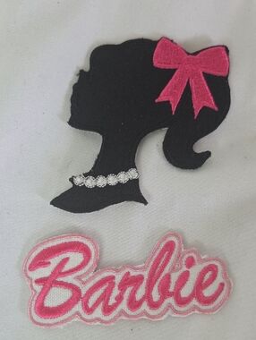 2 Barbie Patches Black Silhouette with Pink Bow and Script